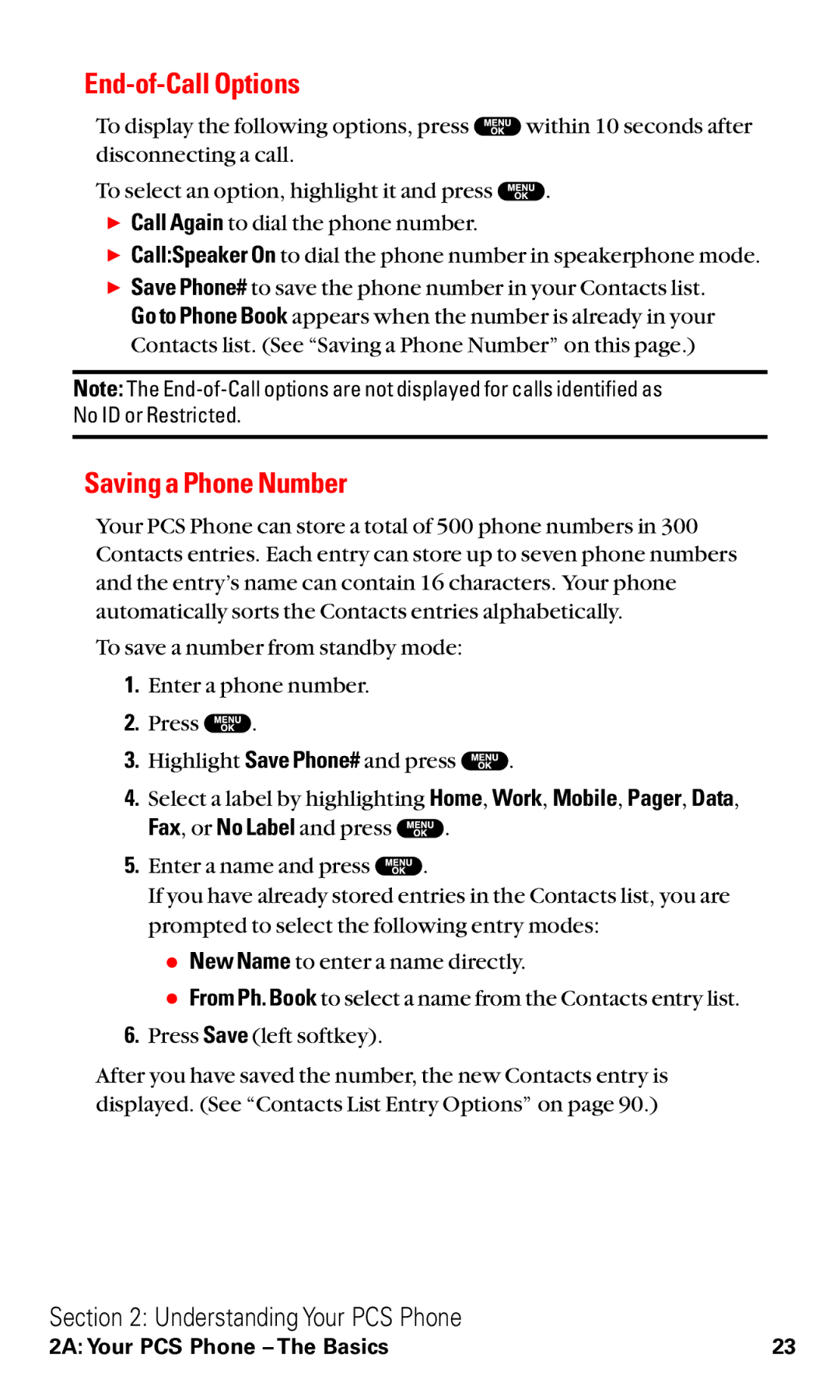 Sanyo VM4500 manual End-of-Call Options, Saving a Phone Number 