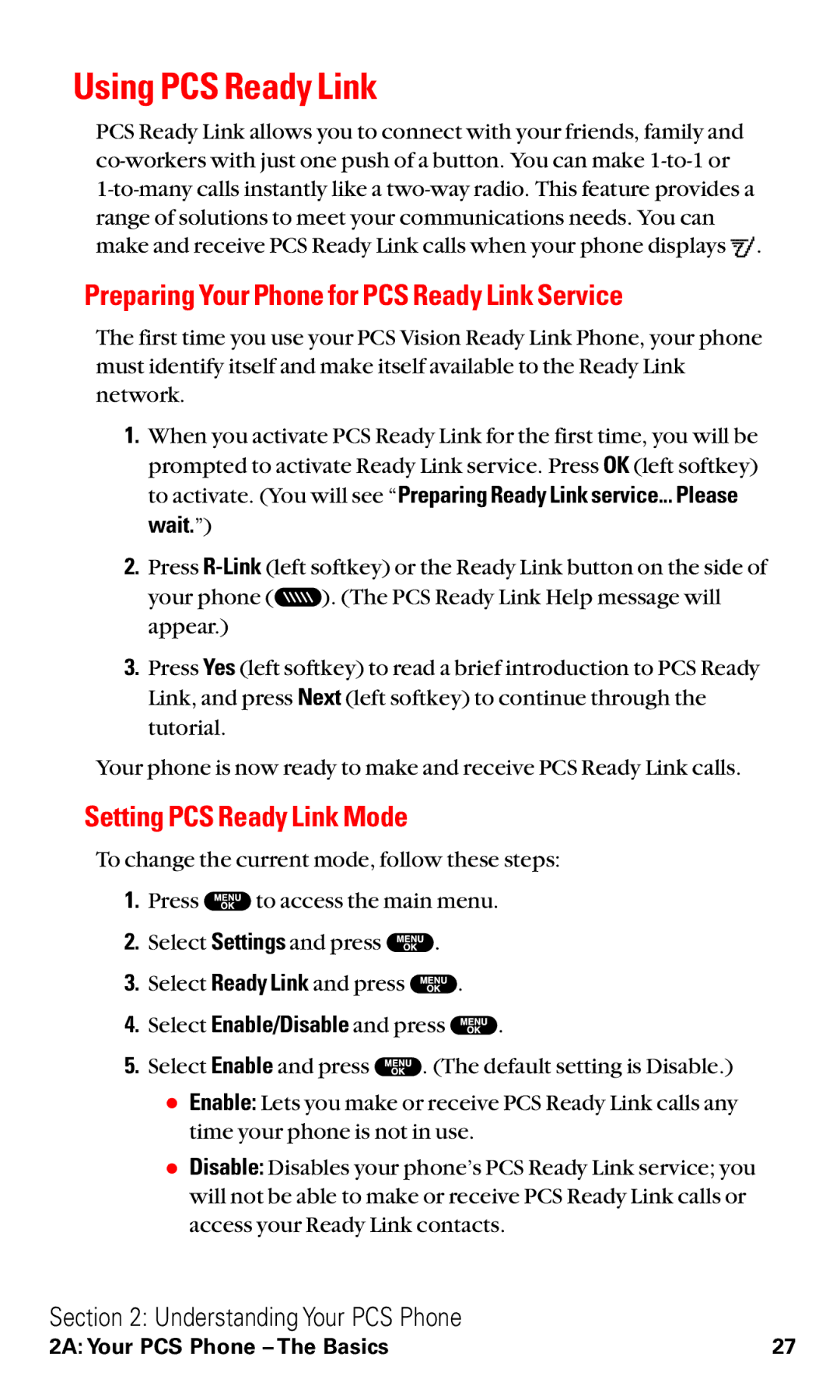 Sanyo VM4500 manual Using PCS Ready Link, Preparing Your Phone for PCS Ready Link Service, Setting PCS Ready Link Mode 