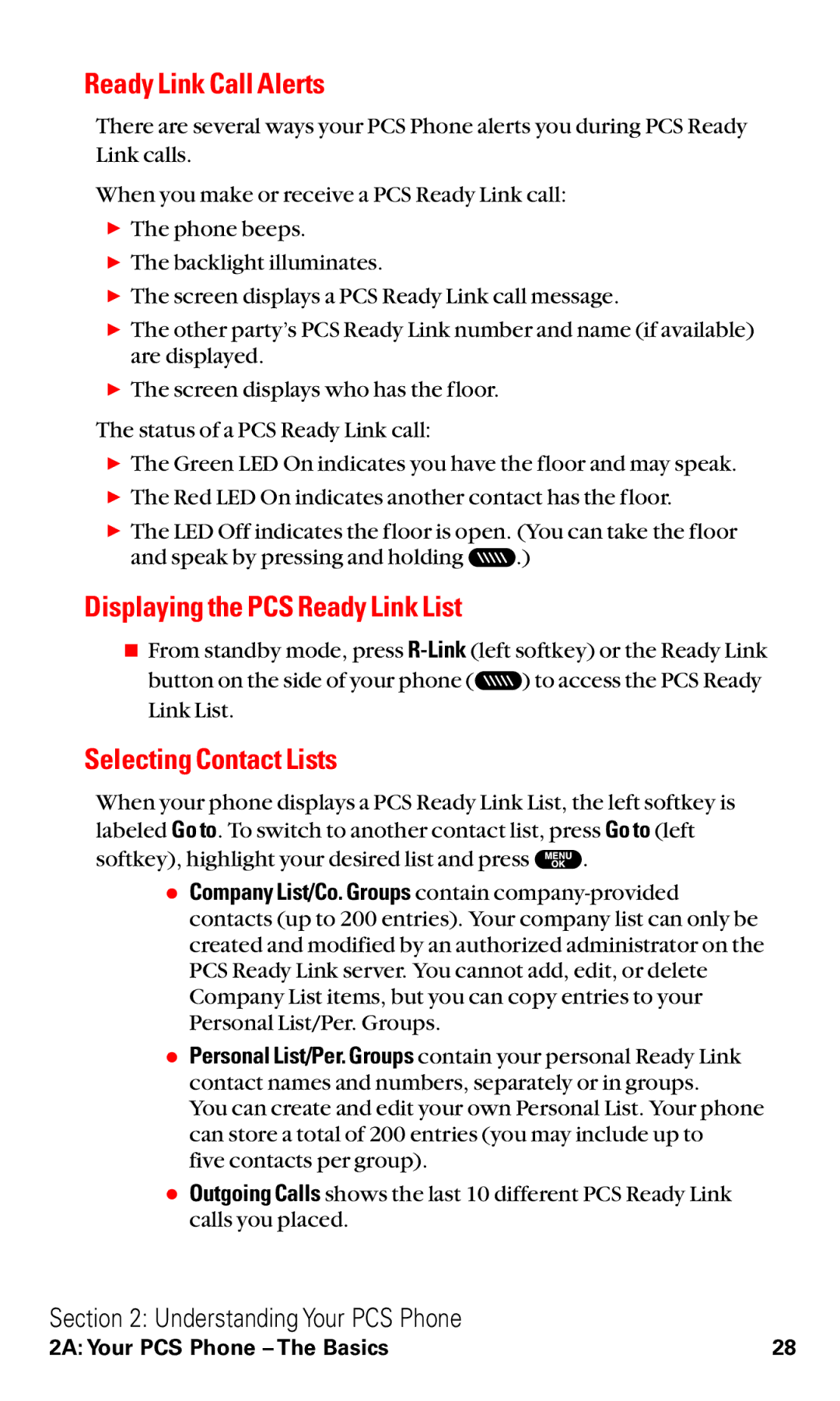 Sanyo VM4500 manual Ready Link Call Alerts, Displaying the PCS Ready Link List, Selecting Contact Lists 