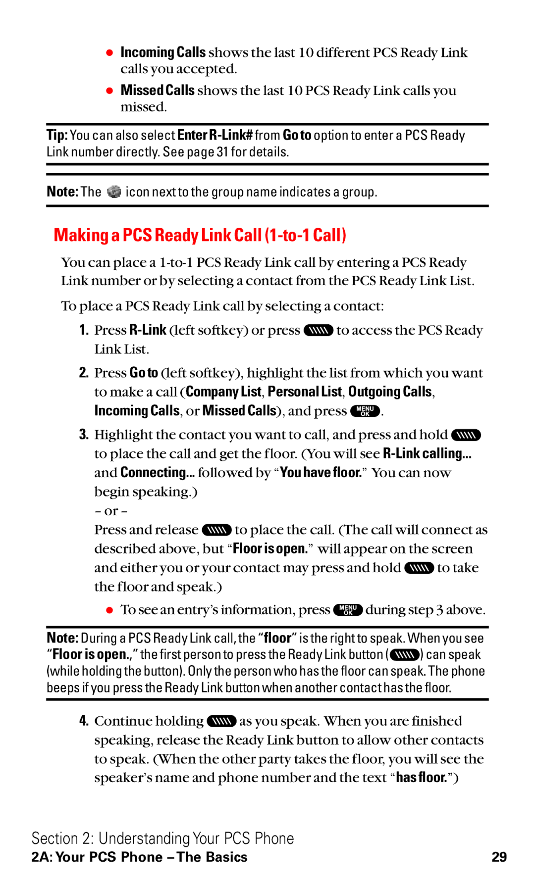 Sanyo VM4500 manual Making a PCS Ready Link Call 1-to-1 Call, Incoming Calls, or Missed Calls, and press 