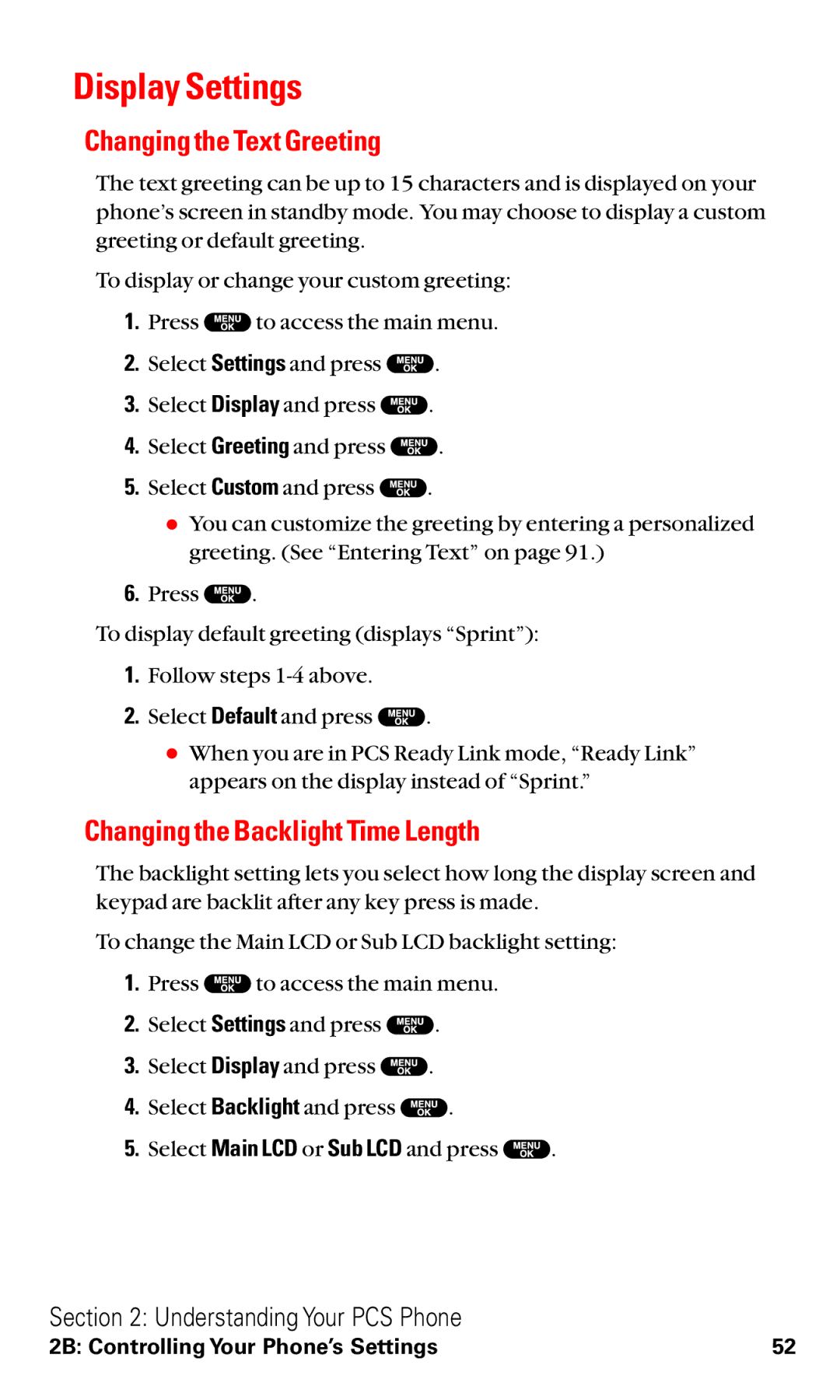 Sanyo VM4500 manual Display Settings, Changing the Text Greeting, Changing the Backlight Time Length 