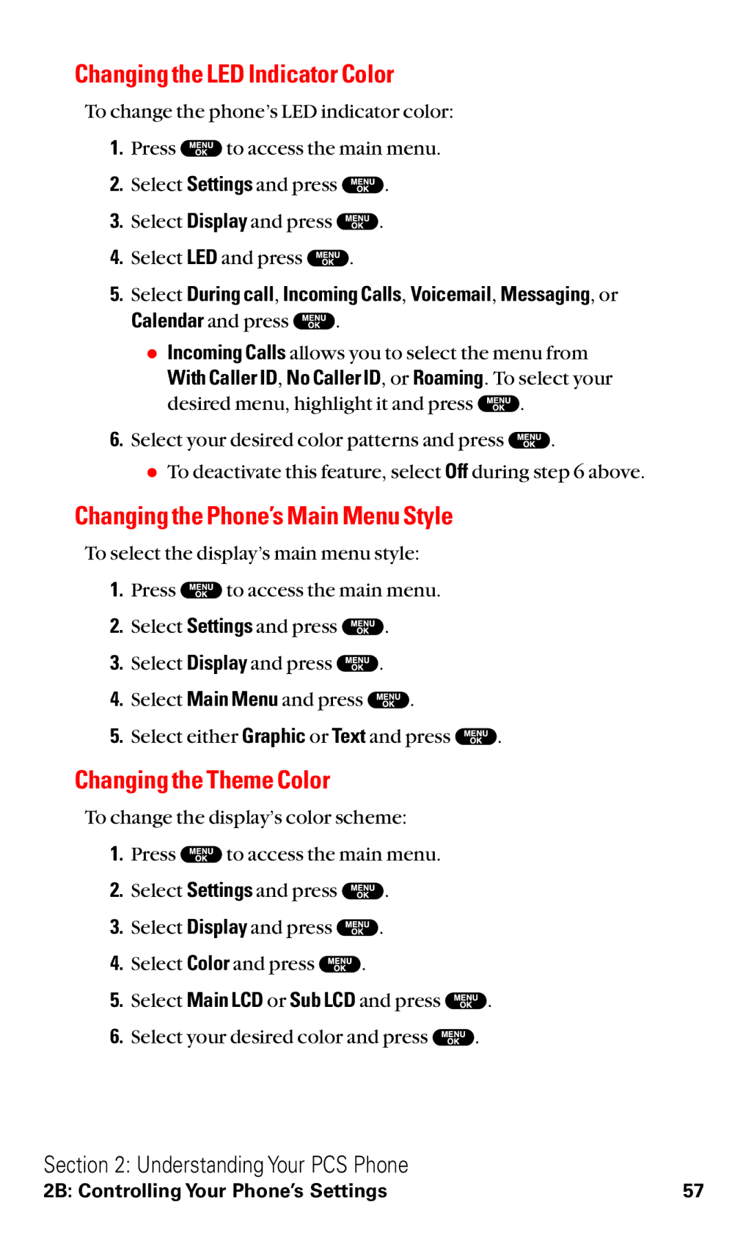 Sanyo VM4500 manual Changing the LED Indicator Color, Changing the Phone’s Main Menu Style, Changing the Theme Color 