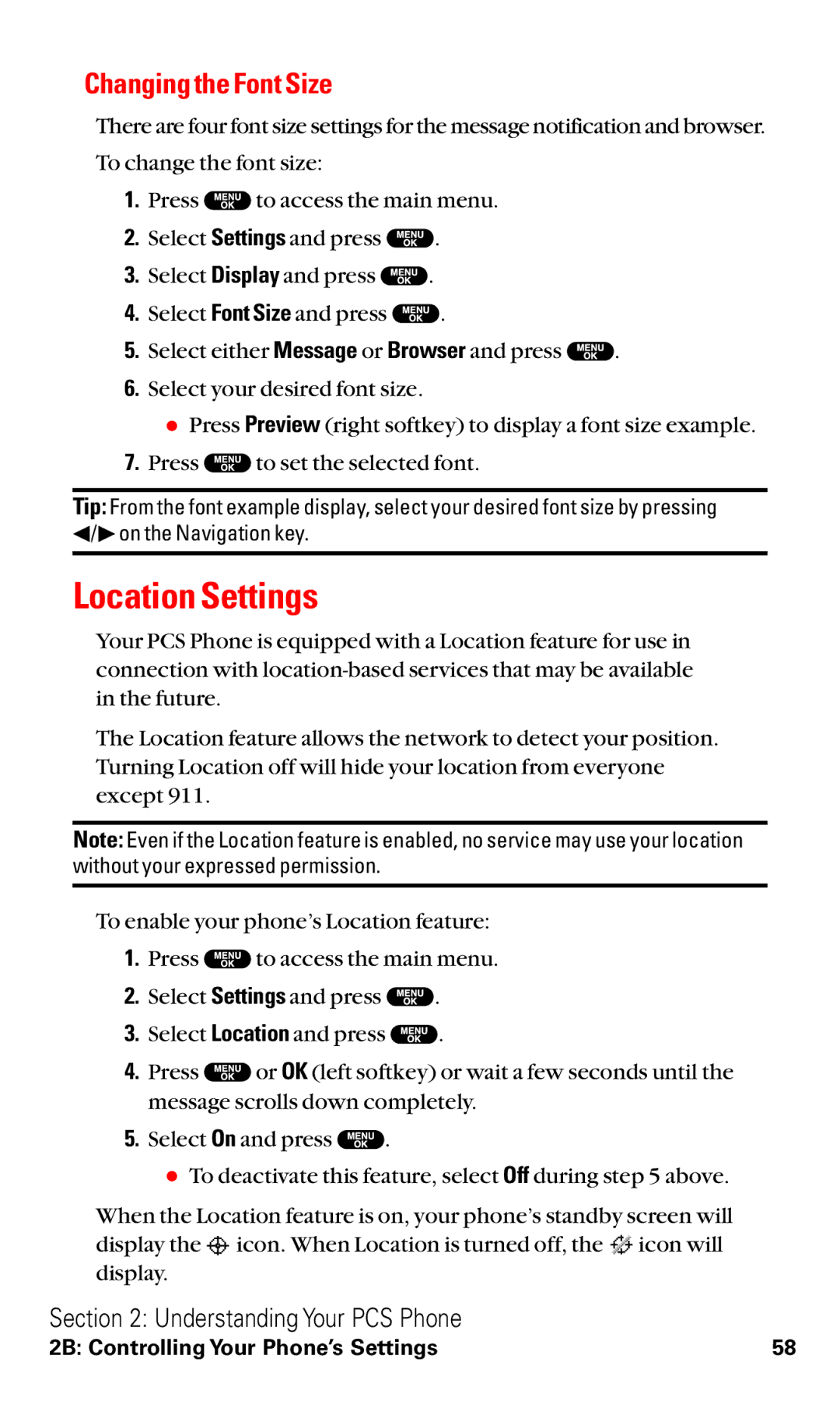 Sanyo VM4500 manual Location Settings, Changing the Font Size 