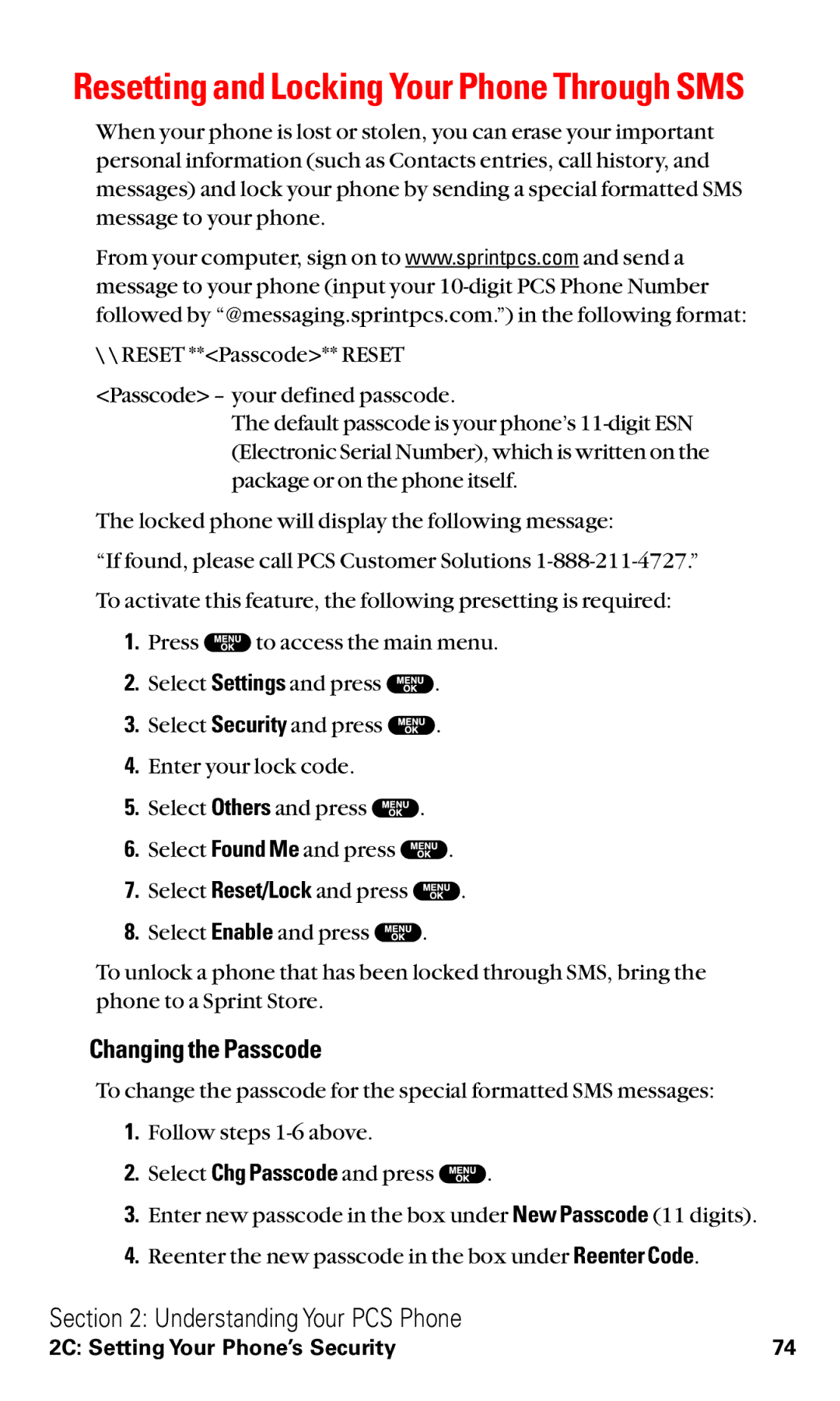 Sanyo VM4500 manual Resetting and Locking Your Phone Through SMS, Changing the Passcode 