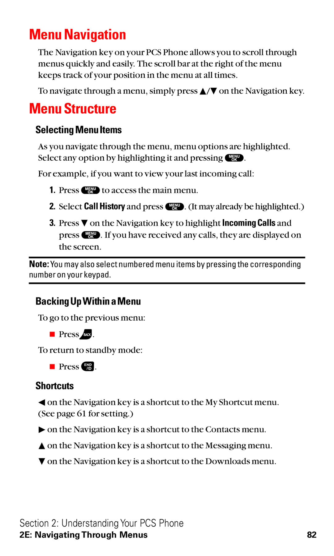 Sanyo VM4500 manual Menu Navigation, Menu Structure, Selecting Menu Items, Backing Up Within a Menu, Shortcuts 