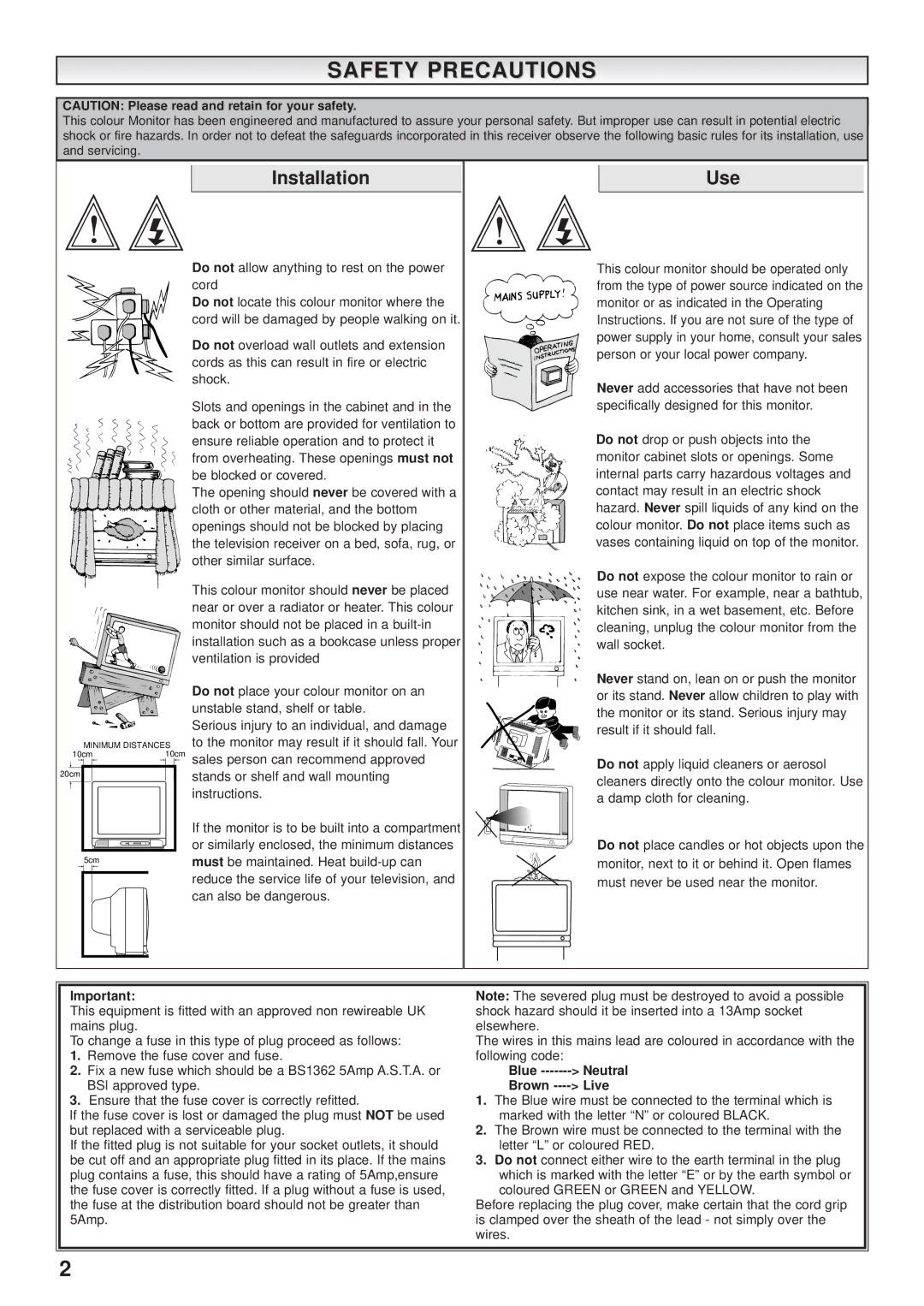 Sanyo VMC-7321P manual Safety Precautions, Installation, Use, Blue ------- Neutral, Brown ---- Live 