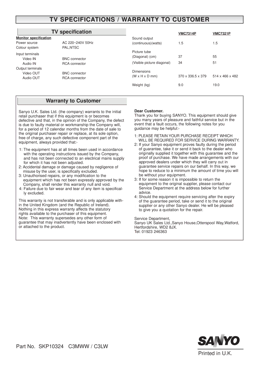 Sanyo VMC-7321P manual TV Specifications / Warranty to Customer, TV specification, VMC7314P VMC7321P 