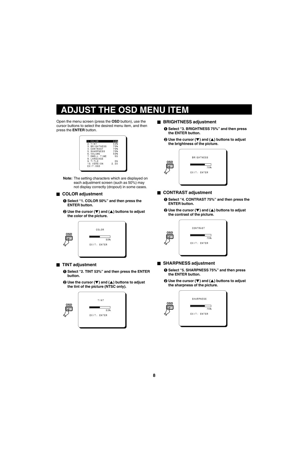 Sanyo VMC-8618, VMC-8613 instruction manual Adjust the OSD Menu Item 