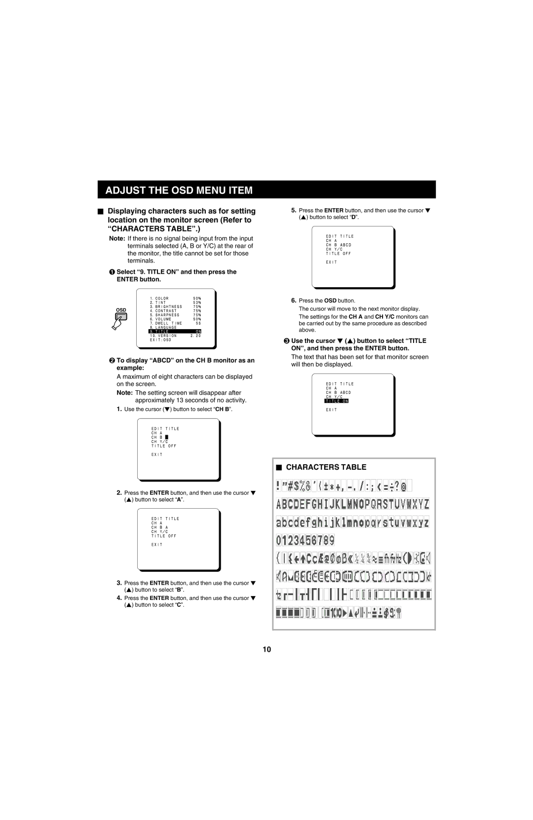 Sanyo VMC-8618, VMC-8613 instruction manual Characters Table 