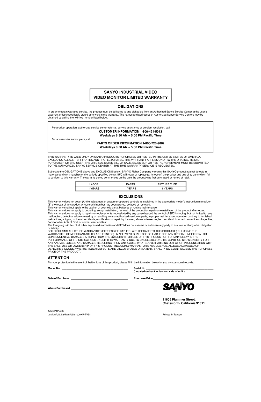 Sanyo VMC-8618, VMC-8613 instruction manual Sanyo Industrial Video Video Monitor Limited Warranty 