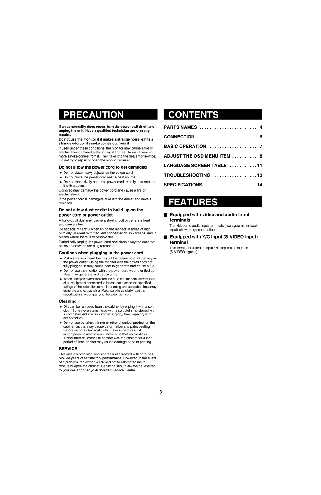 Sanyo VMC-8613, VMC-8618 instruction manual Precautioncontents, Features 