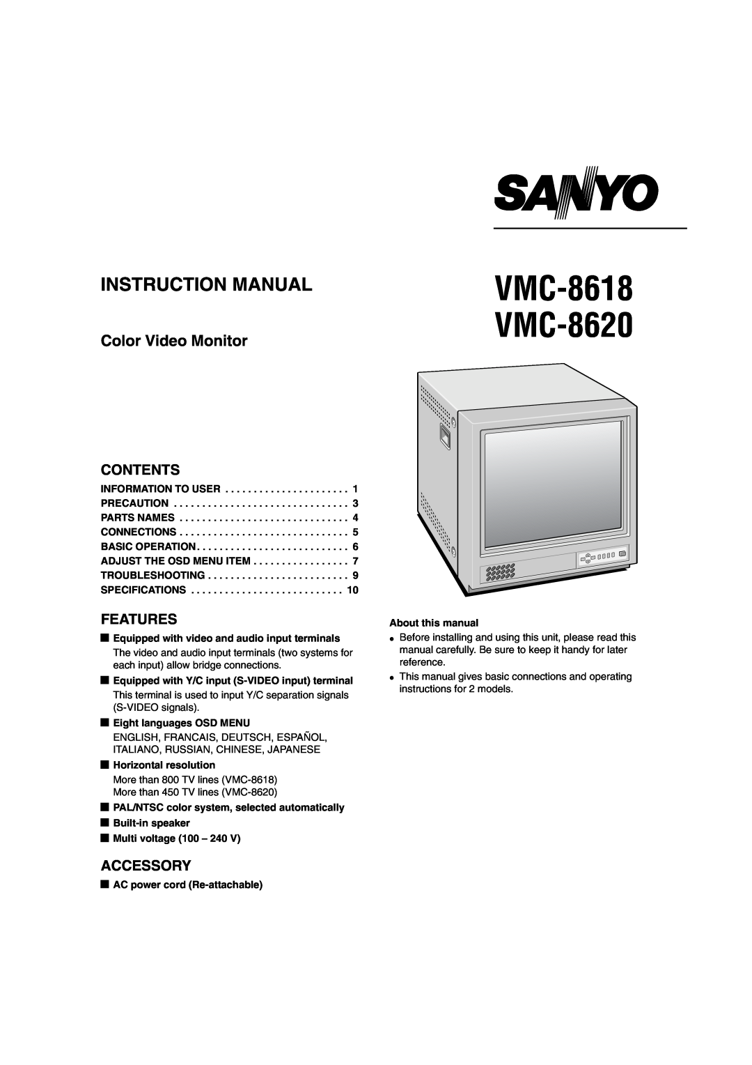 Sanyo VMC-8620 instruction manual Equipped with video and audio input terminals, Eight languages OSD MENU, Contents 