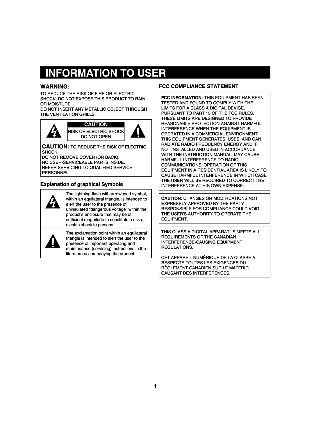Sanyo VMC-8620 instruction manual Information To User, Explanation of graphical Symbols, Fcc Compliance Statement 