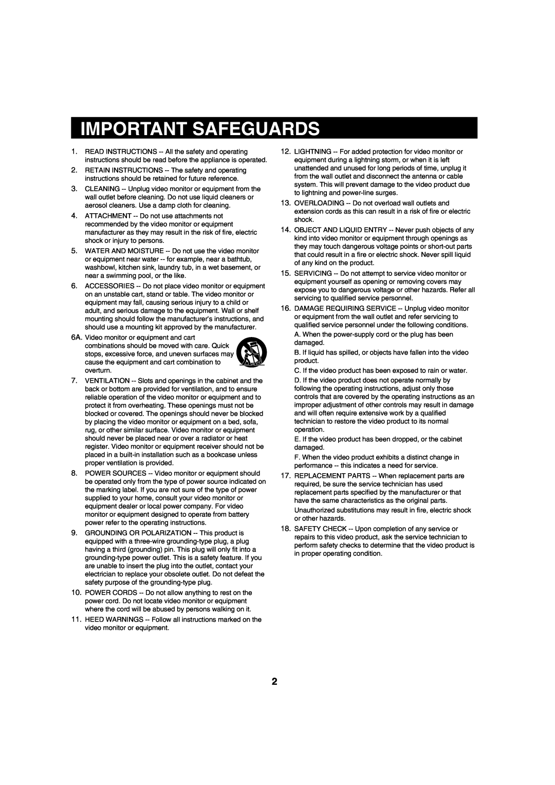 Sanyo VMC-8620 instruction manual Important Safeguards 