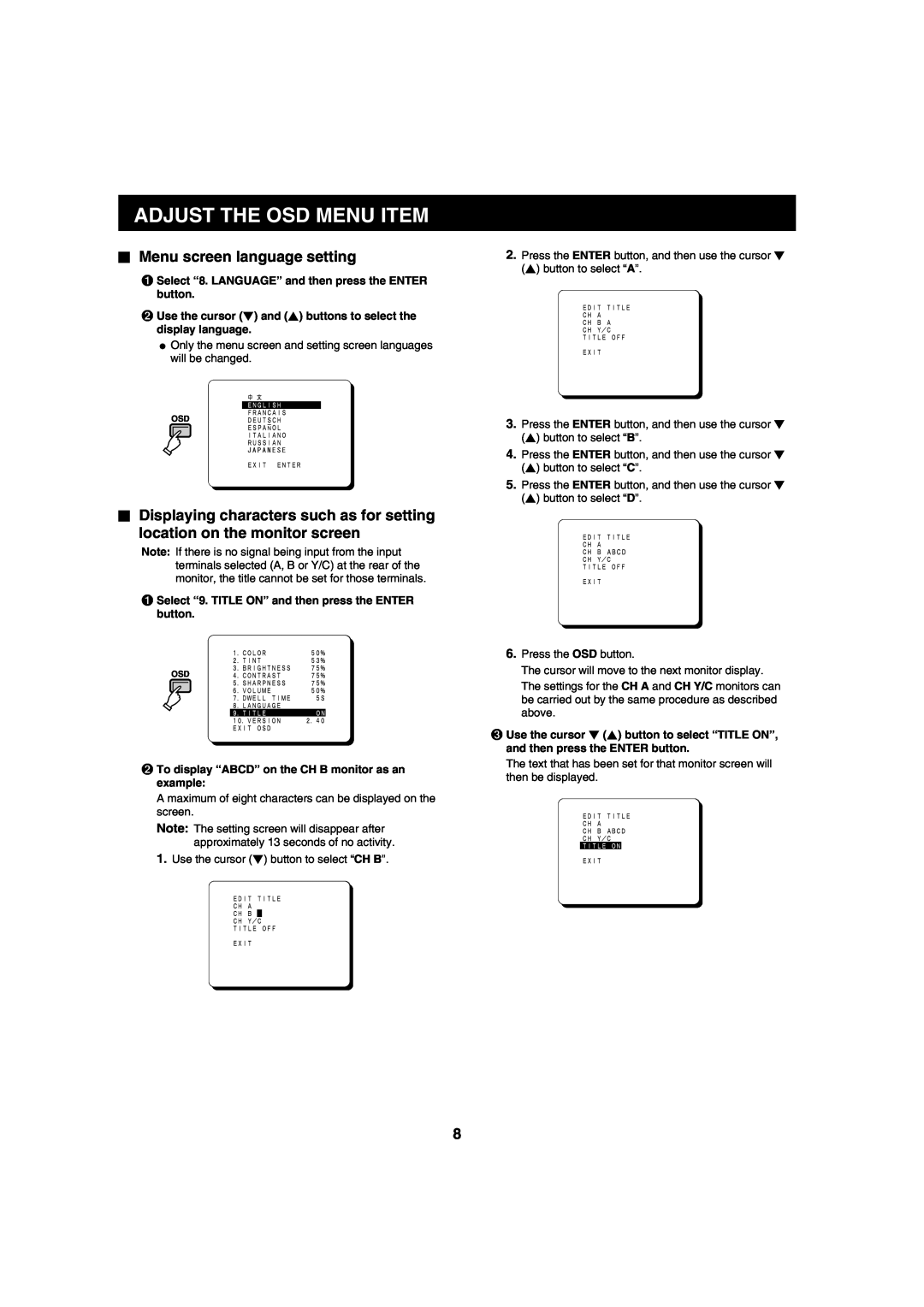 Sanyo VMC-8620 instruction manual Menu screen language setting, Adjust The Osd Menu Item 