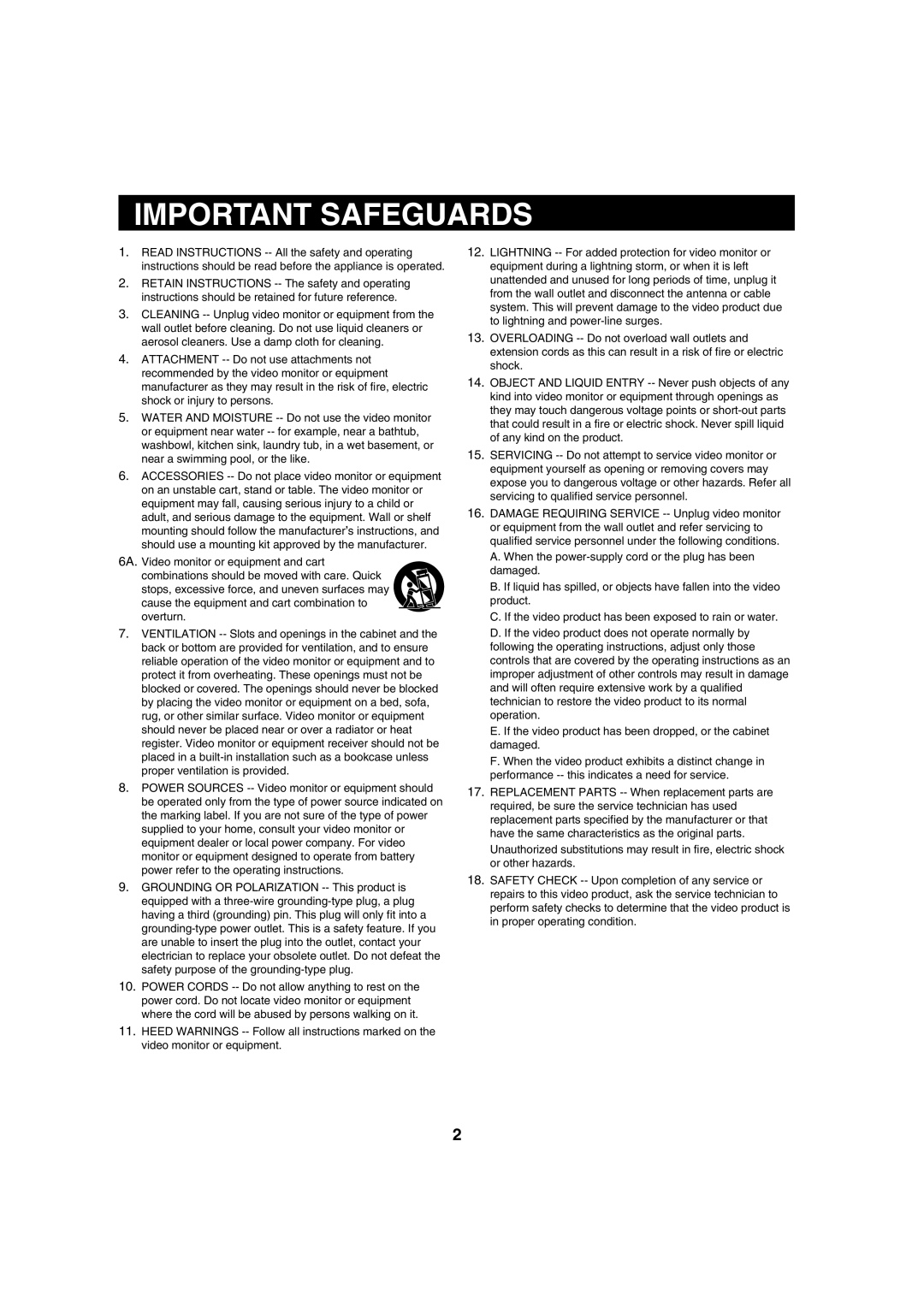 Sanyo VMC-8620 instruction manual Important Safeguards 