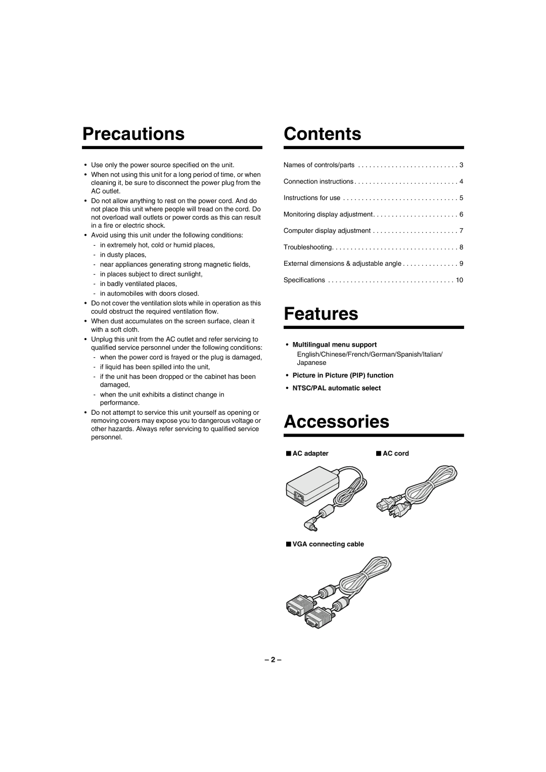Sanyo VMC-L1019, VMC-L1017, VMC-L1015 instruction manual Precautions Contents, Features, Accessories 