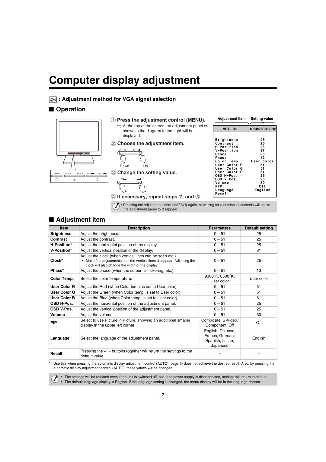 Sanyo VMC-L1015 #A758/%Computer.AADQQMdisplay!adjustment$%, Choose the adjustment item, If necessary, repeat steps 2 