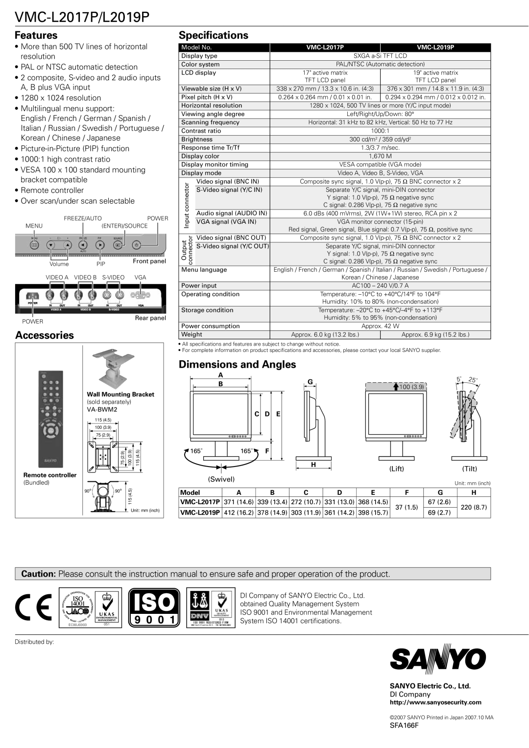 Sanyo VMC-L2017P, VMC-L2019P manual Features, Specifications, Accessories, Dimensions and Angles 