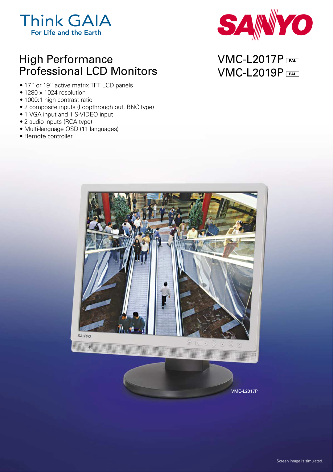 Sanyo manual High Performance Professional LCD Monitors, VMC-L2017P VMC-L2019P, 17” or 19” active matrix TFT LCD panels 