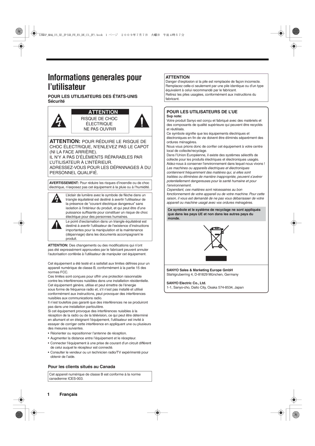 Sanyo VMC-L2617, VMC-L2619 Pour LES Utilisateurs DES ÉTATS-UNIS Sécurité, Pour les clients situés au Canada, Français 