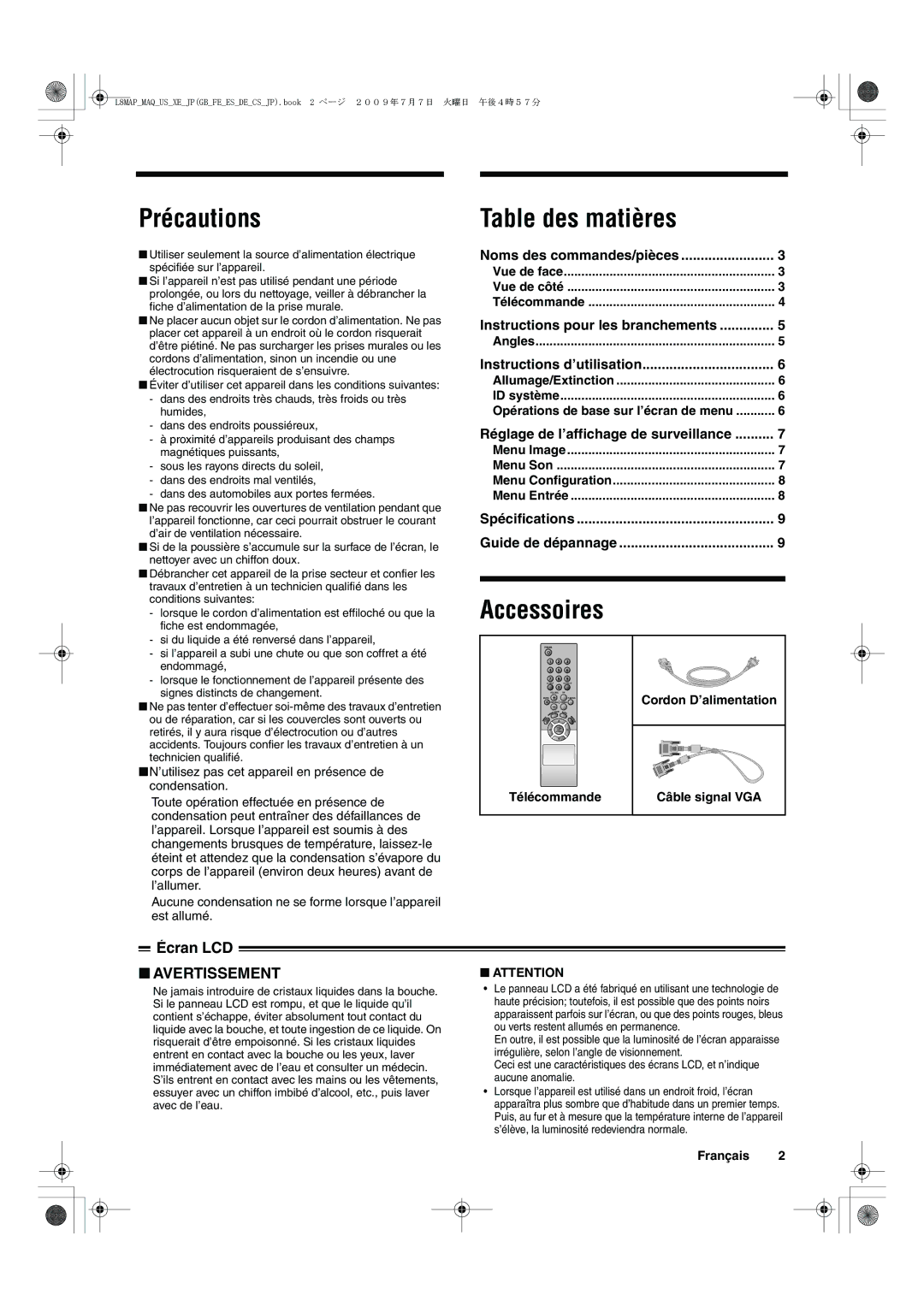 Sanyo VMC-L2619, VMC-L2617 instruction manual Précautions, Table des matières, Accessoires, Écran LCD 