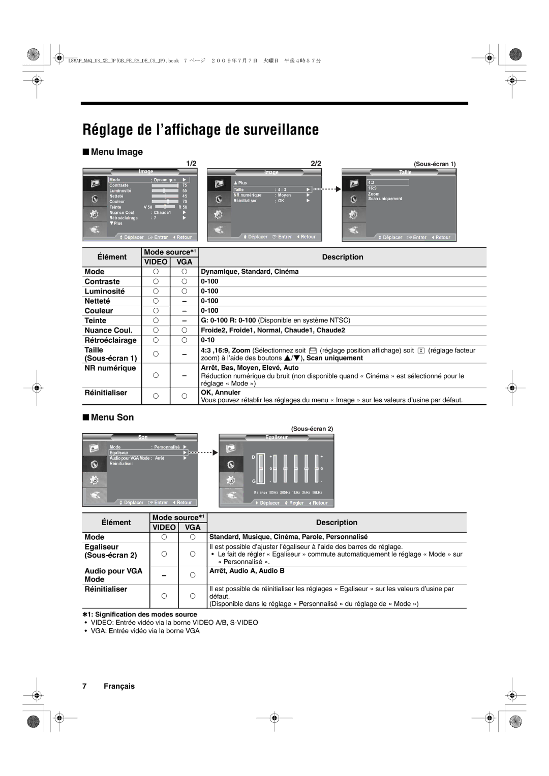 Sanyo VMC-L2617, VMC-L2619 instruction manual Réglage de l’affichage de surveillance, Menu Image, Menu Son 