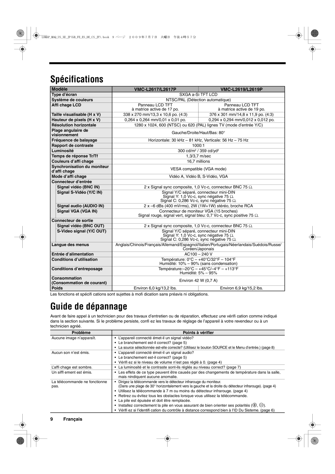 Sanyo instruction manual Spécifications, Guide de dépannage, Modèle VMC-L2617/L2617P VMC-L2619/L2619P 