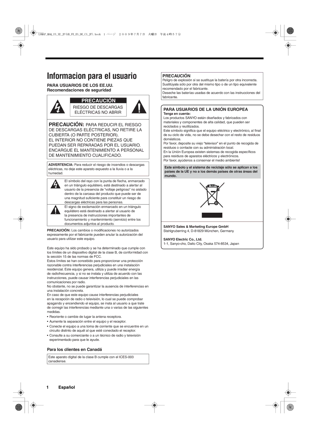 Sanyo VMC-L2617, VMC-L2619 instruction manual Para Usuarios DE LOS EE.UU, Precaución, Para Usuarios DE LA Unión Europea 