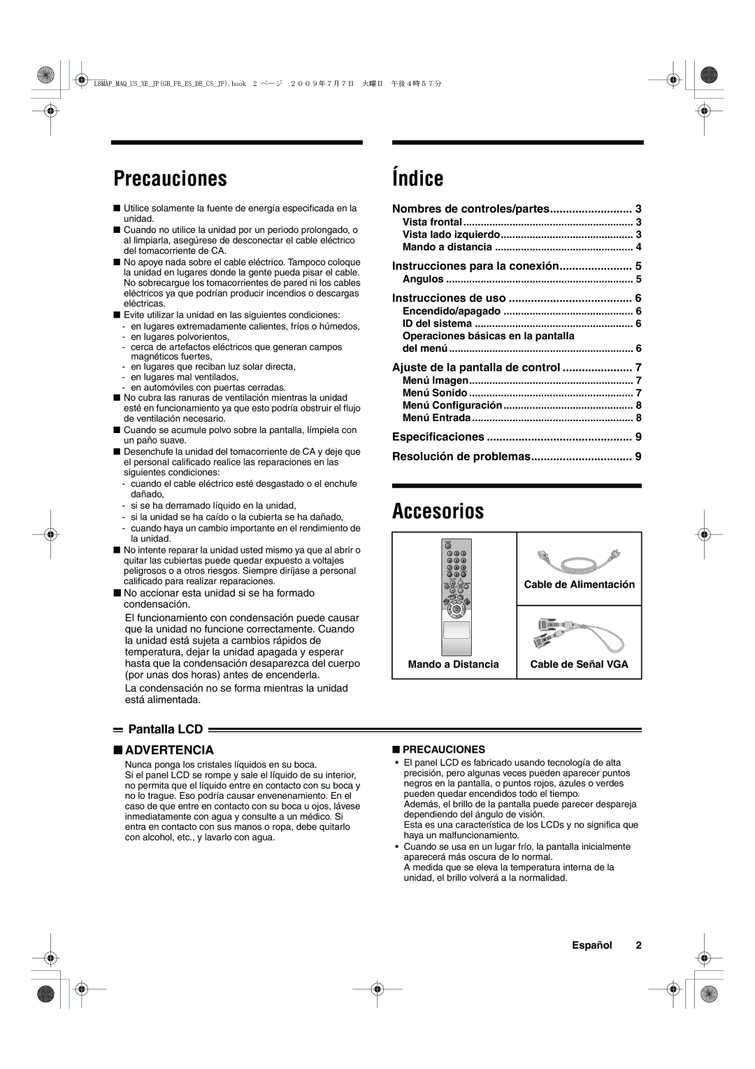 Sanyo VMC-L2619, VMC-L2617 instruction manual Precauciones, Índice, Accesorios, Pantalla LCD 