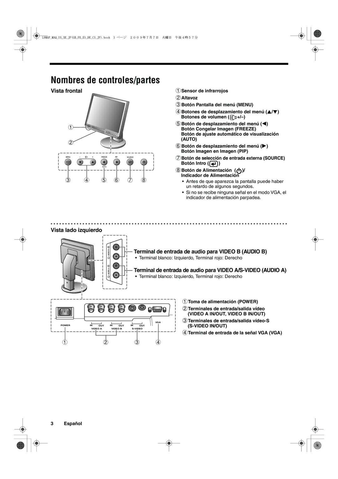 Sanyo VMC-L2617, VMC-L2619 Vista frontal, Vista lado izquierdo, Terminal de entrada de audio para Video B Audio B 