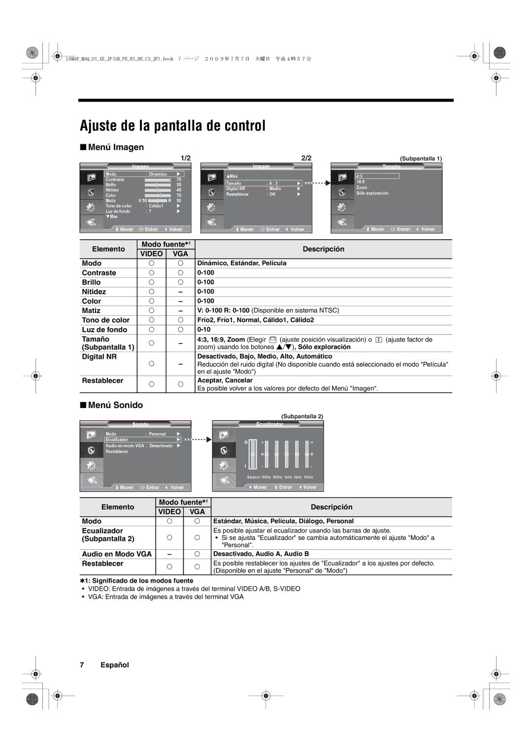 Sanyo VMC-L2617, VMC-L2619 instruction manual Ajuste de la pantalla de control, Menú Imagen, Menú Sonido 