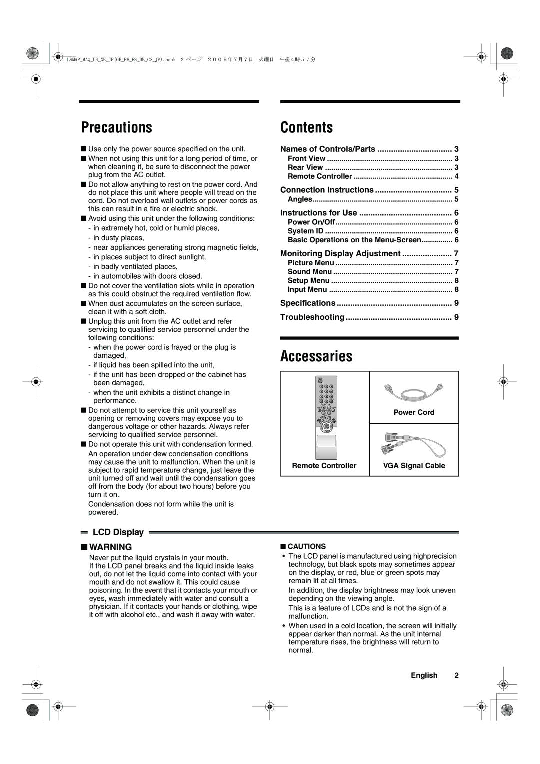 Sanyo VMC-L2619, VMC-L2617 instruction manual Precautions, Contents, Accessaries 