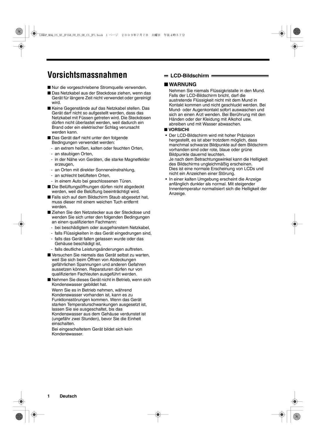 Sanyo VMC-L2617, VMC-L2619 instruction manual Vorsichtsmassnahmen, LCD-Bildschirm, Vorsichi, Deutsch 