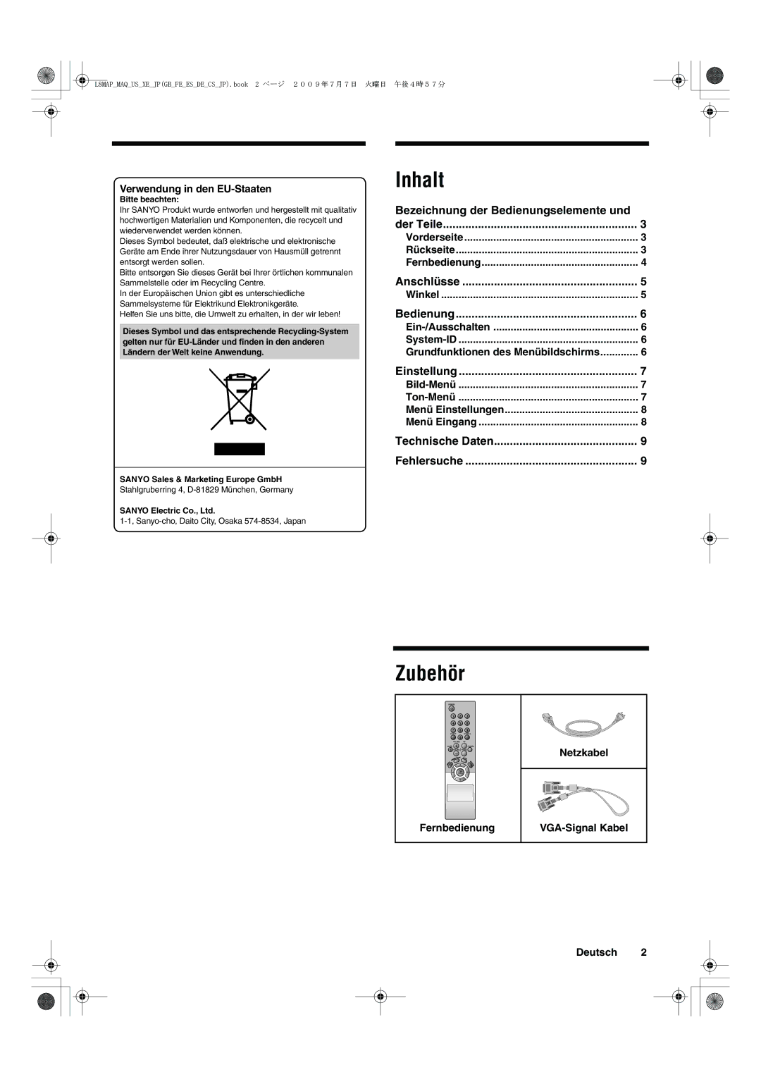 Sanyo VMC-L2619 Inhalt, Zubehör, Verwendung in den EU-Staaten, Grundfunktionen des Menübildschirms, Fernbedienung 