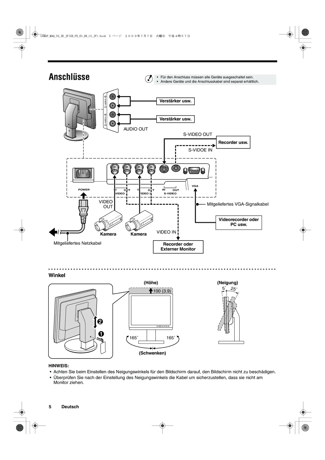 Sanyo VMC-L2617, VMC-L2619 instruction manual Anschlüsse, Winkel, Hinweis 