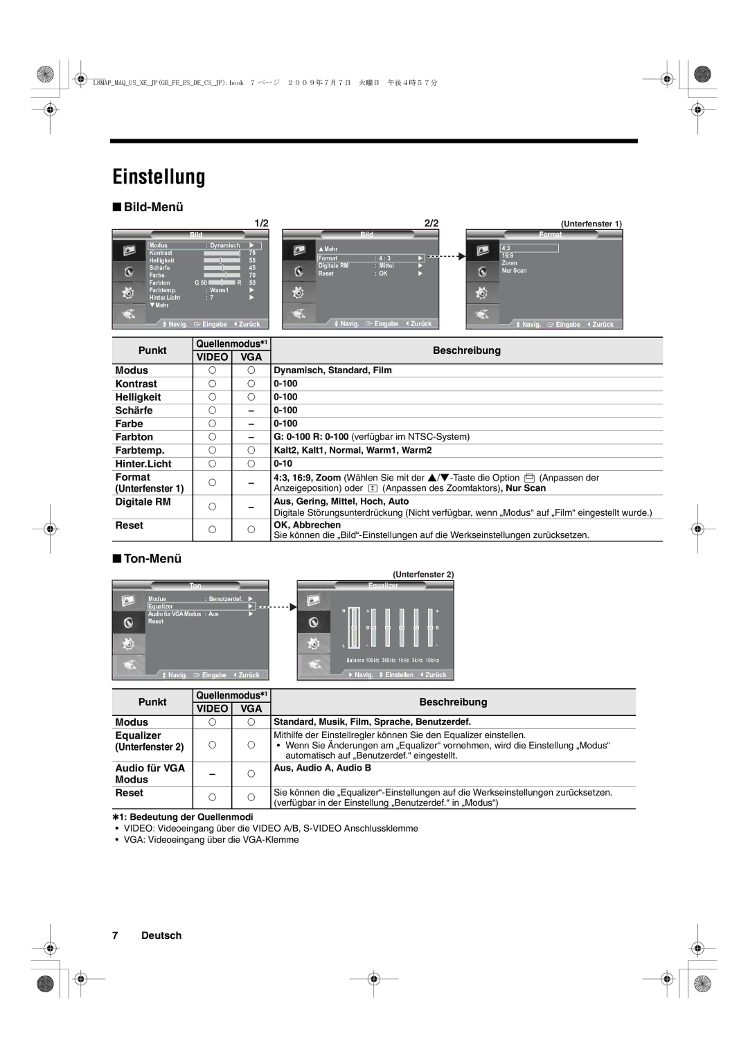 Sanyo VMC-L2617, VMC-L2619 instruction manual Einstellung, Bild-Menü, Ton-Menü 