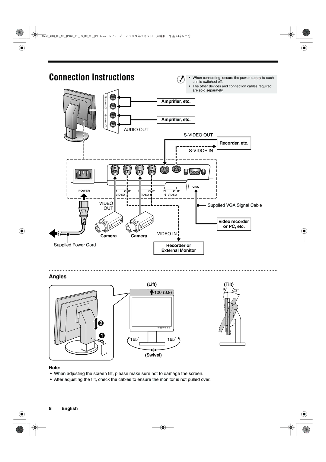 Sanyo VMC-L2617, VMC-L2619 instruction manual Connection Instructions, Angles, Video OUT 