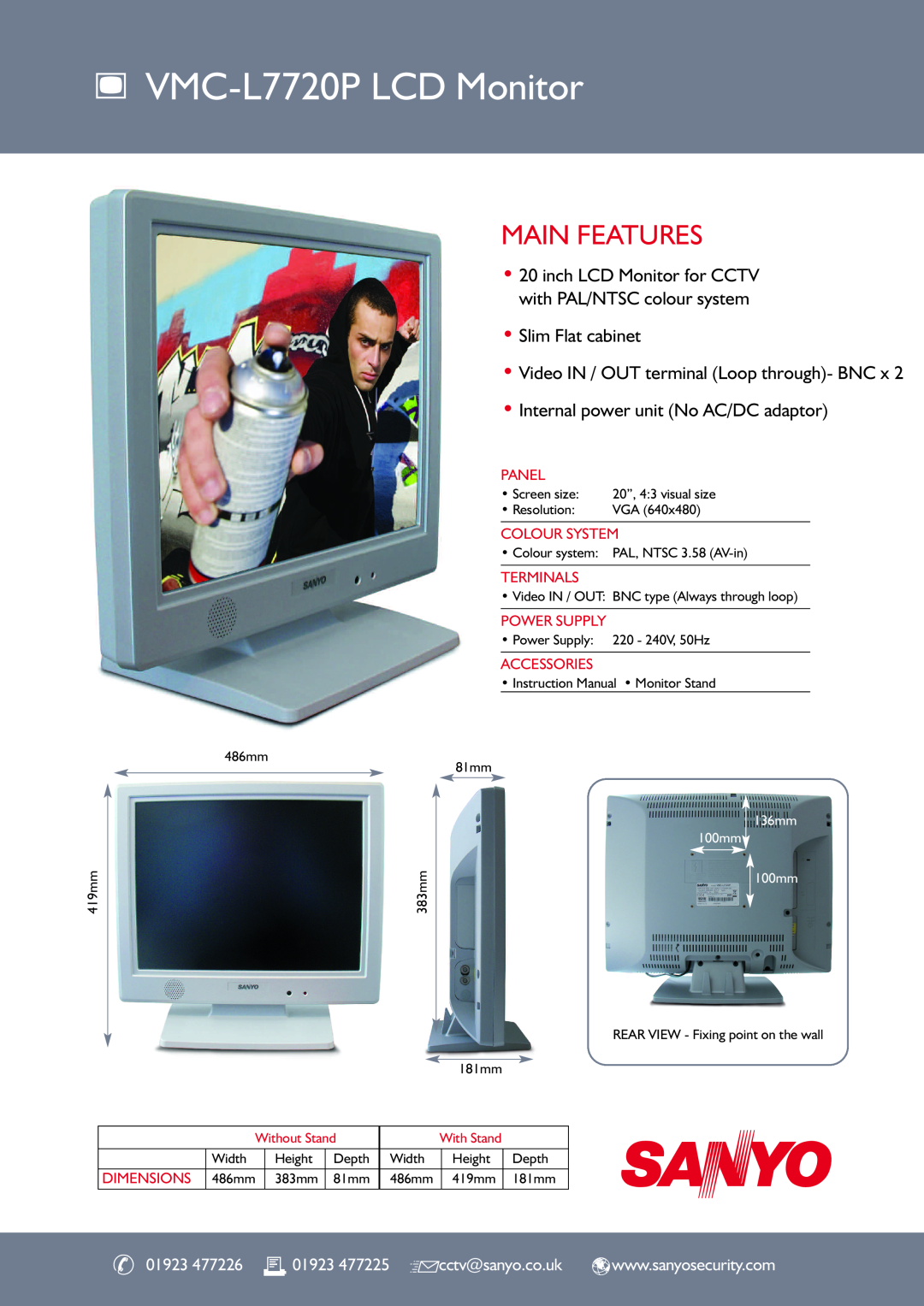 Sanyo VMC-L7715P VMC-L7720P LCD Monitor, Slim Flat cabinet Video IN / OUT terminal Loop through- BNC x, 136mm 100mm 100mm 