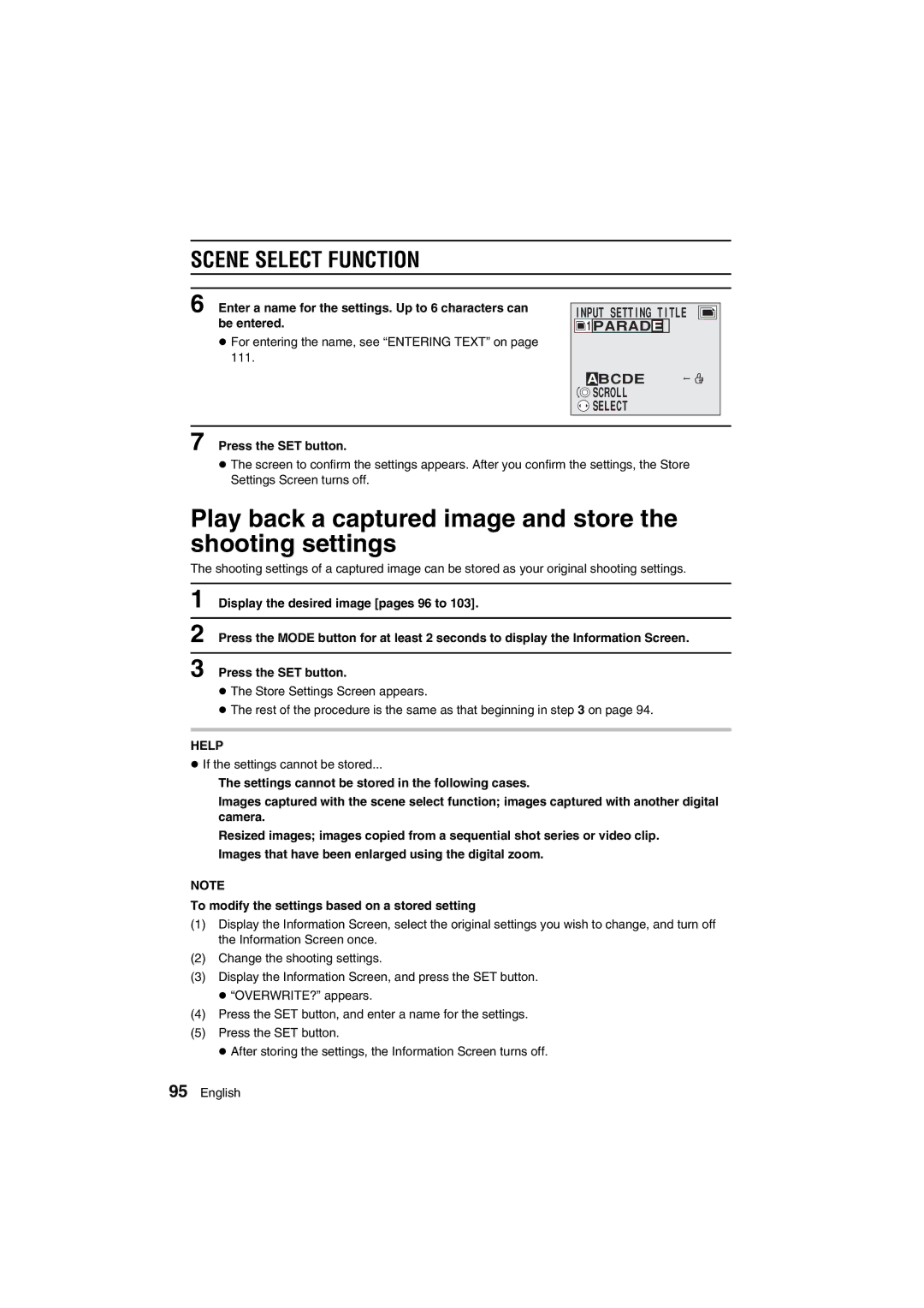 Sanyo VPC-AZ1 Play back a captured image and store the shooting settings, Scene Select Function, Abcde Scroll Select 