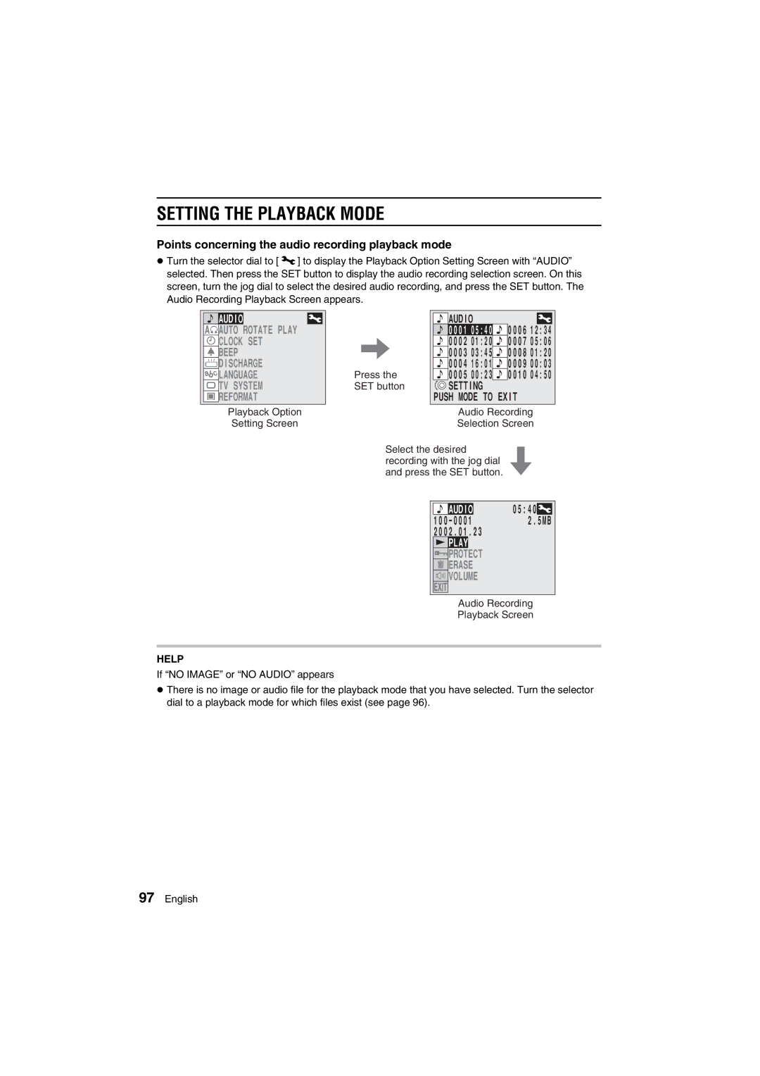 Sanyo VPC-AZ1E instruction manual Setting the Playback Mode, Audio, Setting Push Mode to Exit 