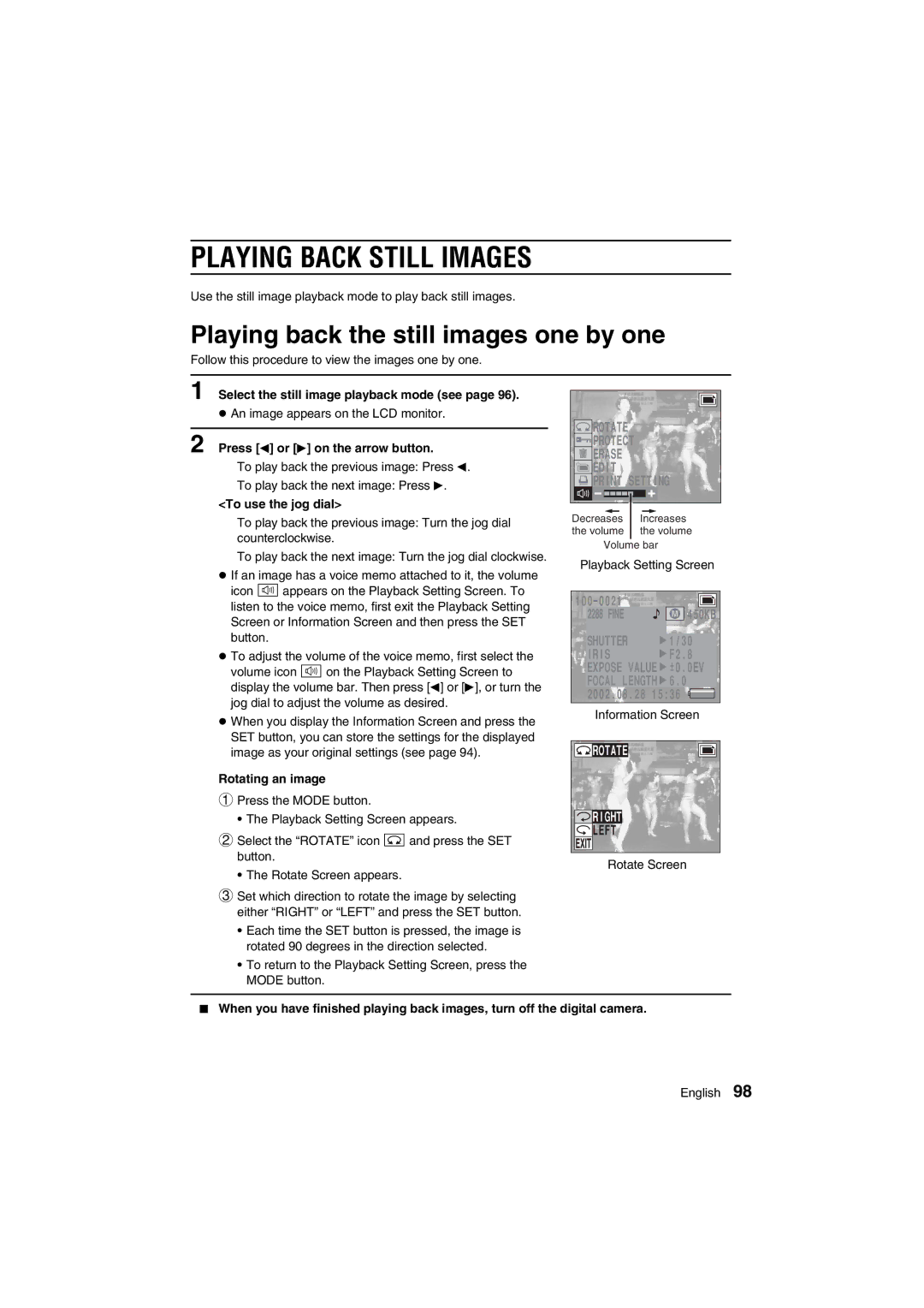 Sanyo VPC-AZ1E instruction manual Playing Back Still Images, Playing back the still images one by one 