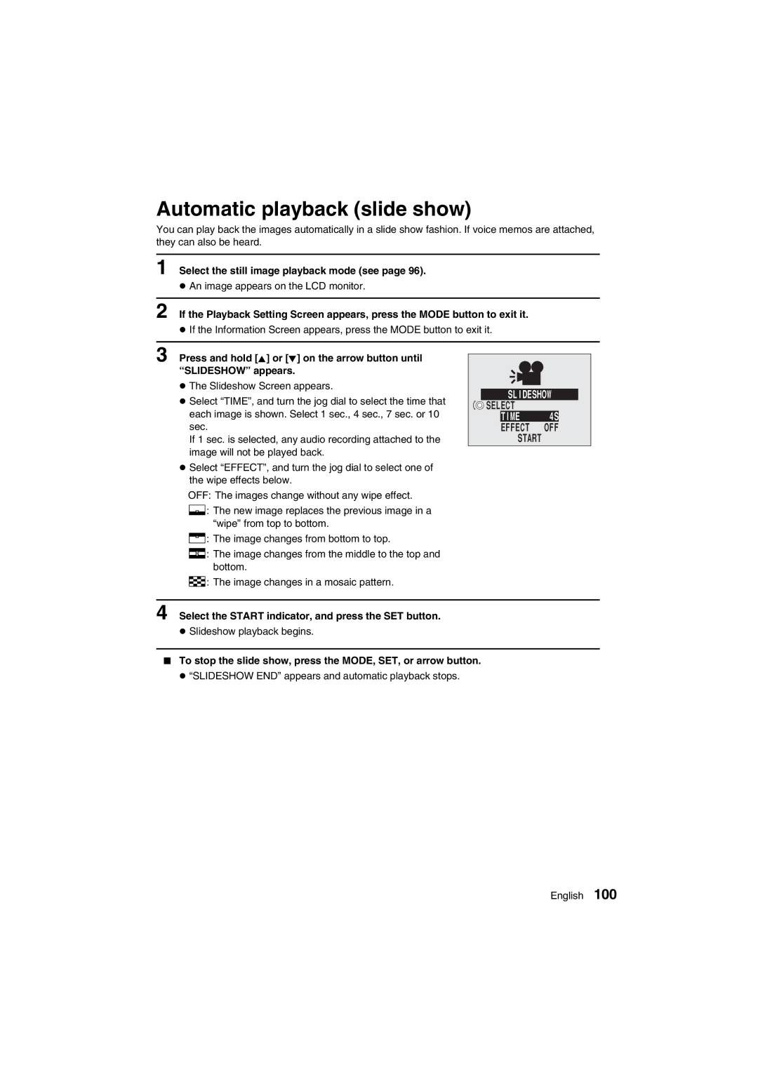 Sanyo VPC-AZ1E Automatic playback slide show, Time, Effect, Select the Start indicator, and press the SET button 