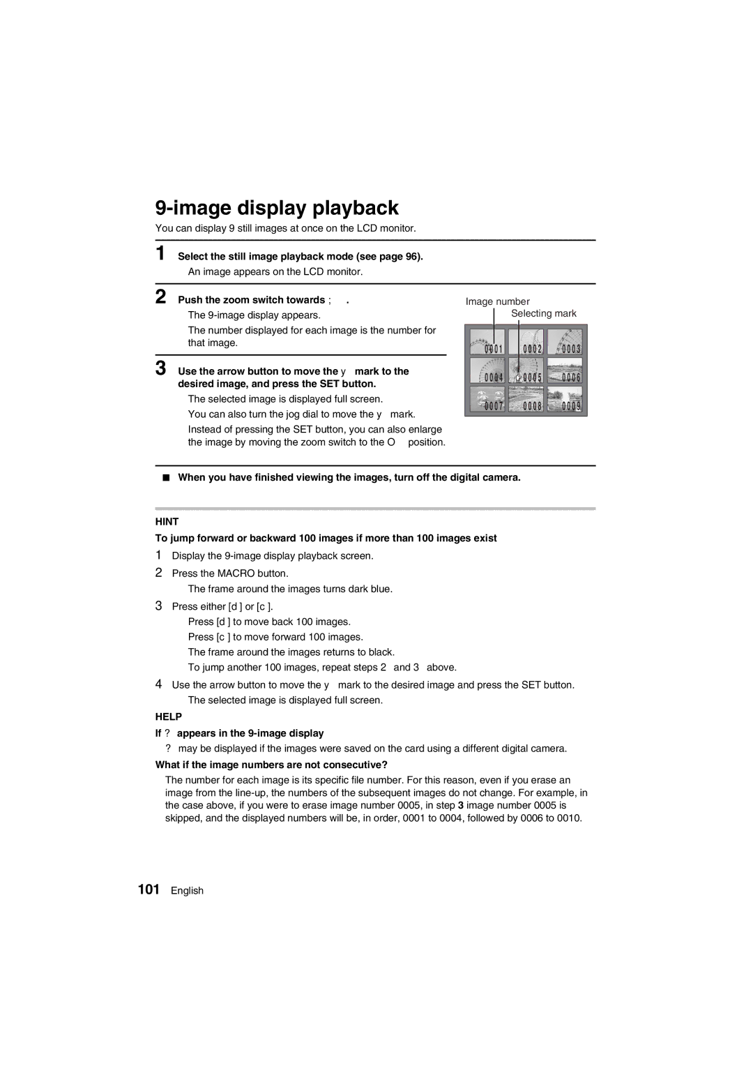 Sanyo VPC-AZ1E Image display playback, Push the zoom switch towards, If ?appears in the 9-image display 