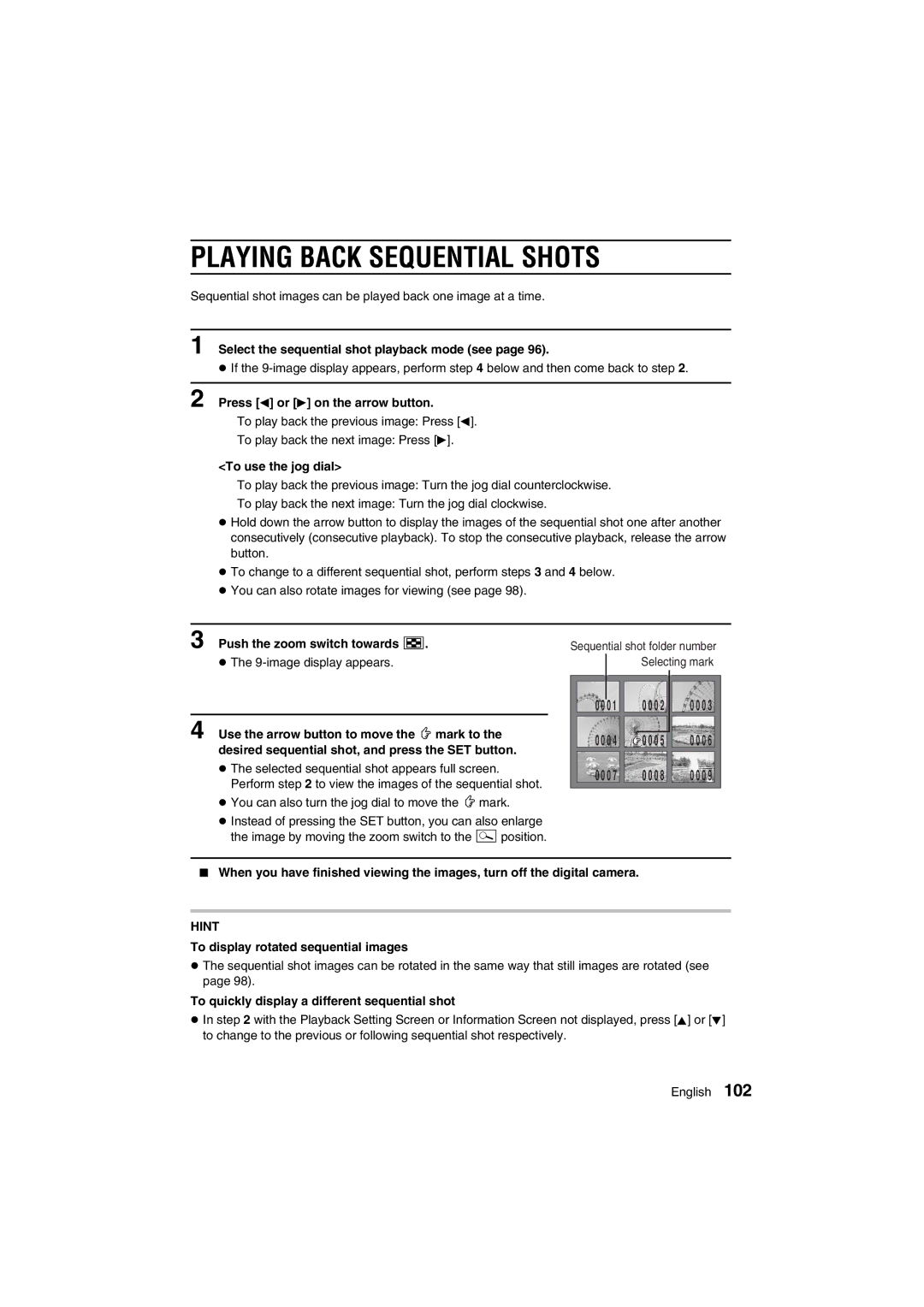 Sanyo VPC-AZ1E instruction manual Playing Back Sequential Shots, Select the sequential shot playback mode see 