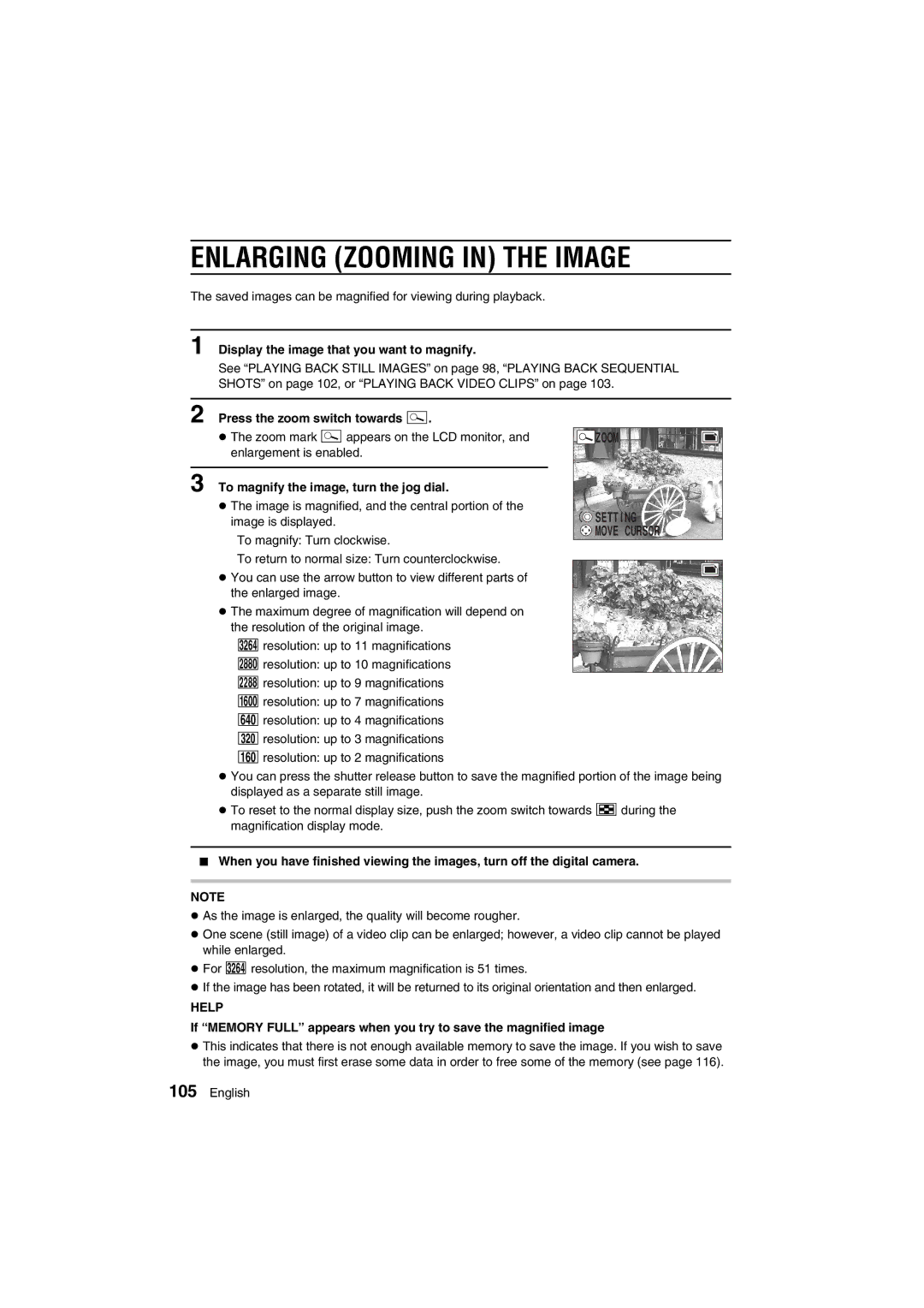 Sanyo VPC-AZ1 Enlarging Zooming in the Image, Display the image that you want to magnify, Press the zoom switch towards O 