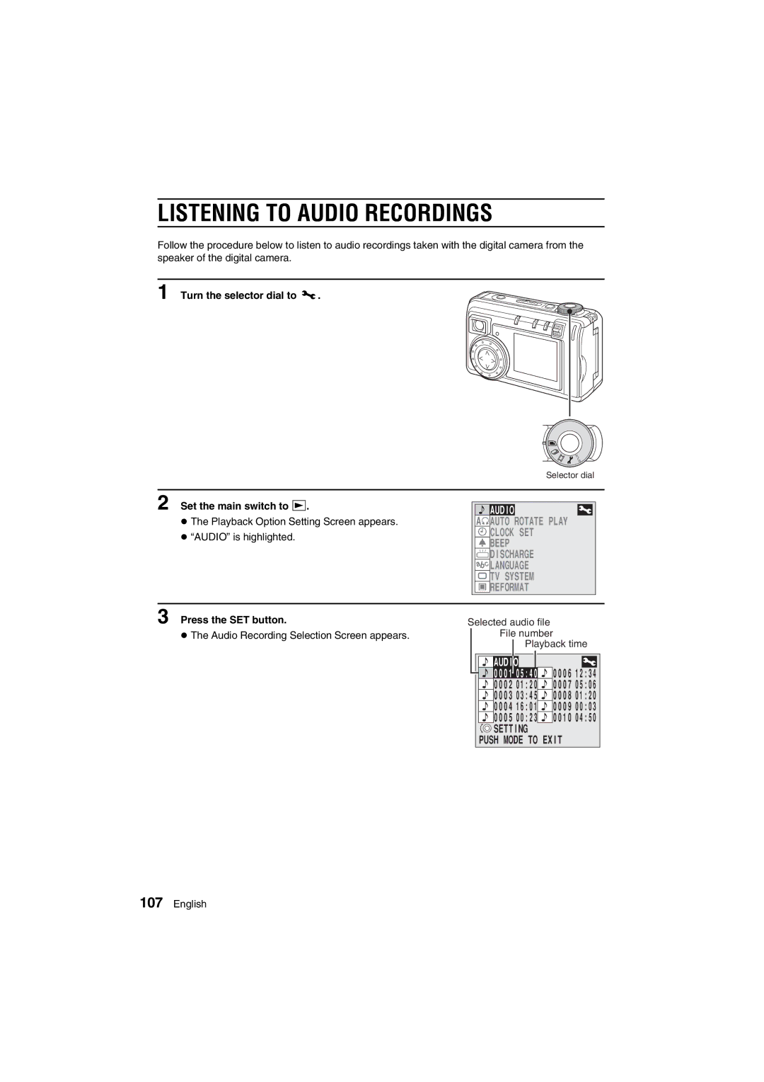 Sanyo VPC-AZ1E instruction manual Listening to Audio Recordings, Turn the selector dial to P 