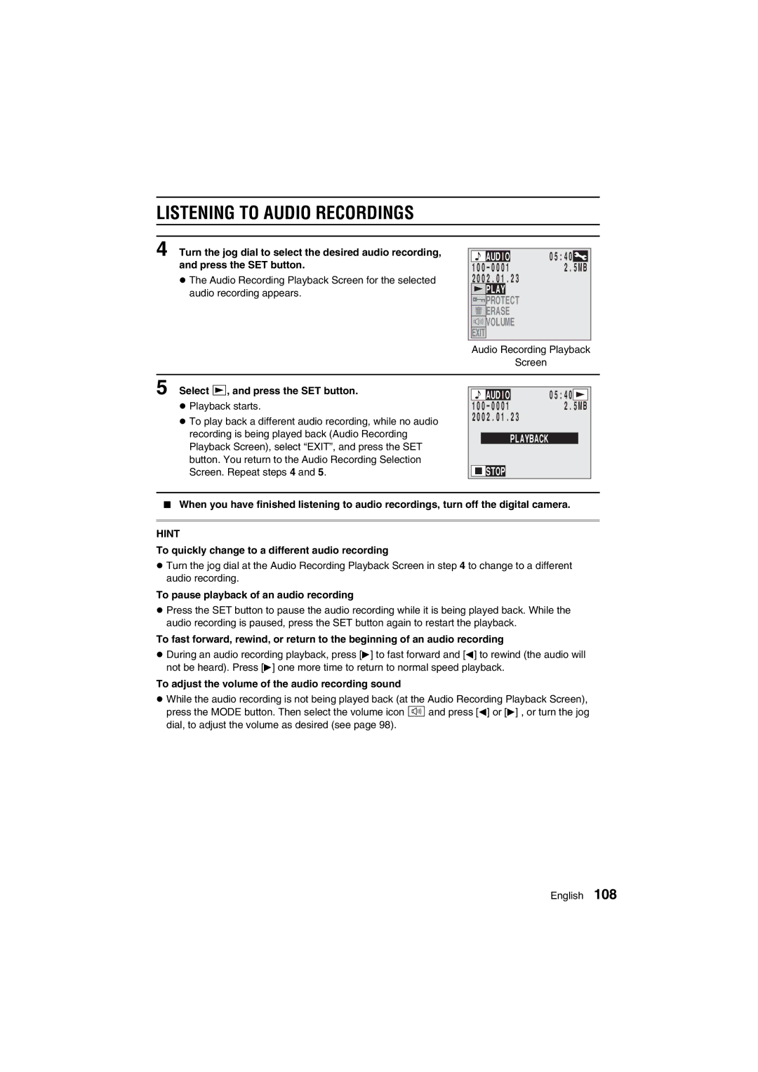 Sanyo VPC-AZ1E Listening to Audio Recordings, Select Ô, and press the SET button, To pause playback of an audio recording 