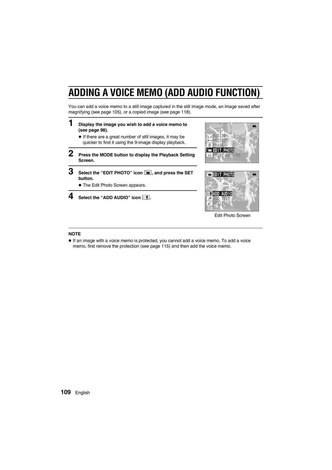 Sanyo VPC-AZ1 Edit Photo ADD Audio, Display the image you wish to add a voice memo to see, Select the ADD Audio icon p 