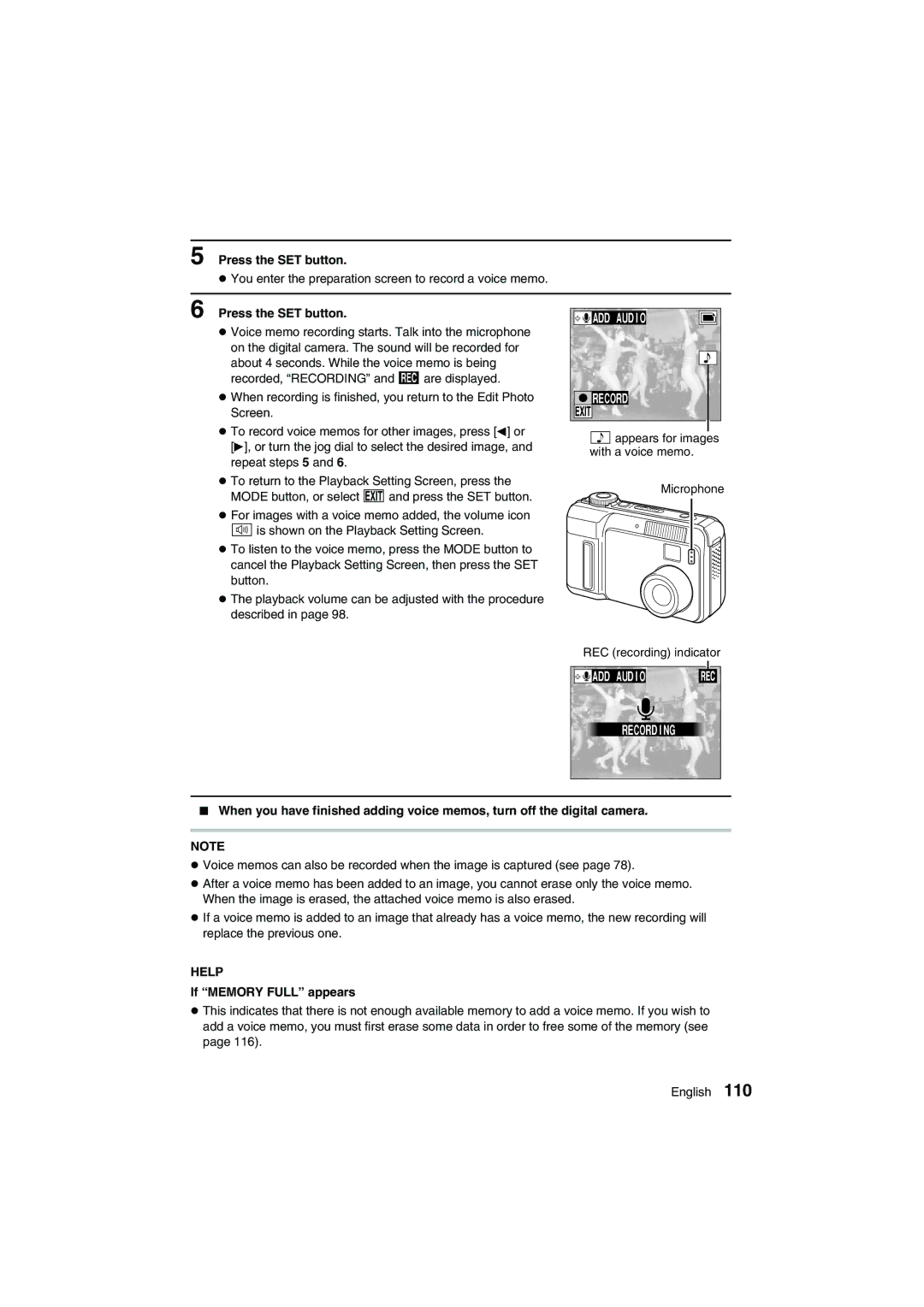 Sanyo VPC-AZ1E instruction manual ADD Audio Recording, If Memory Full appears 